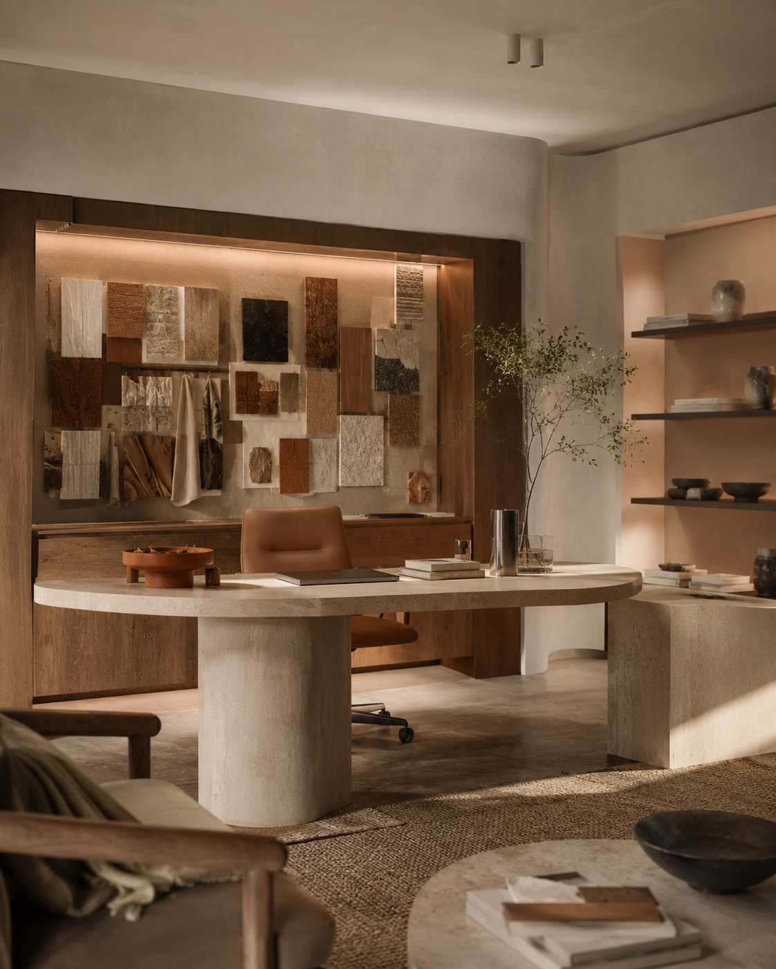 Estudio de SGC con muro de muestras de materiales, mobiliario en travertino y cuero terracota